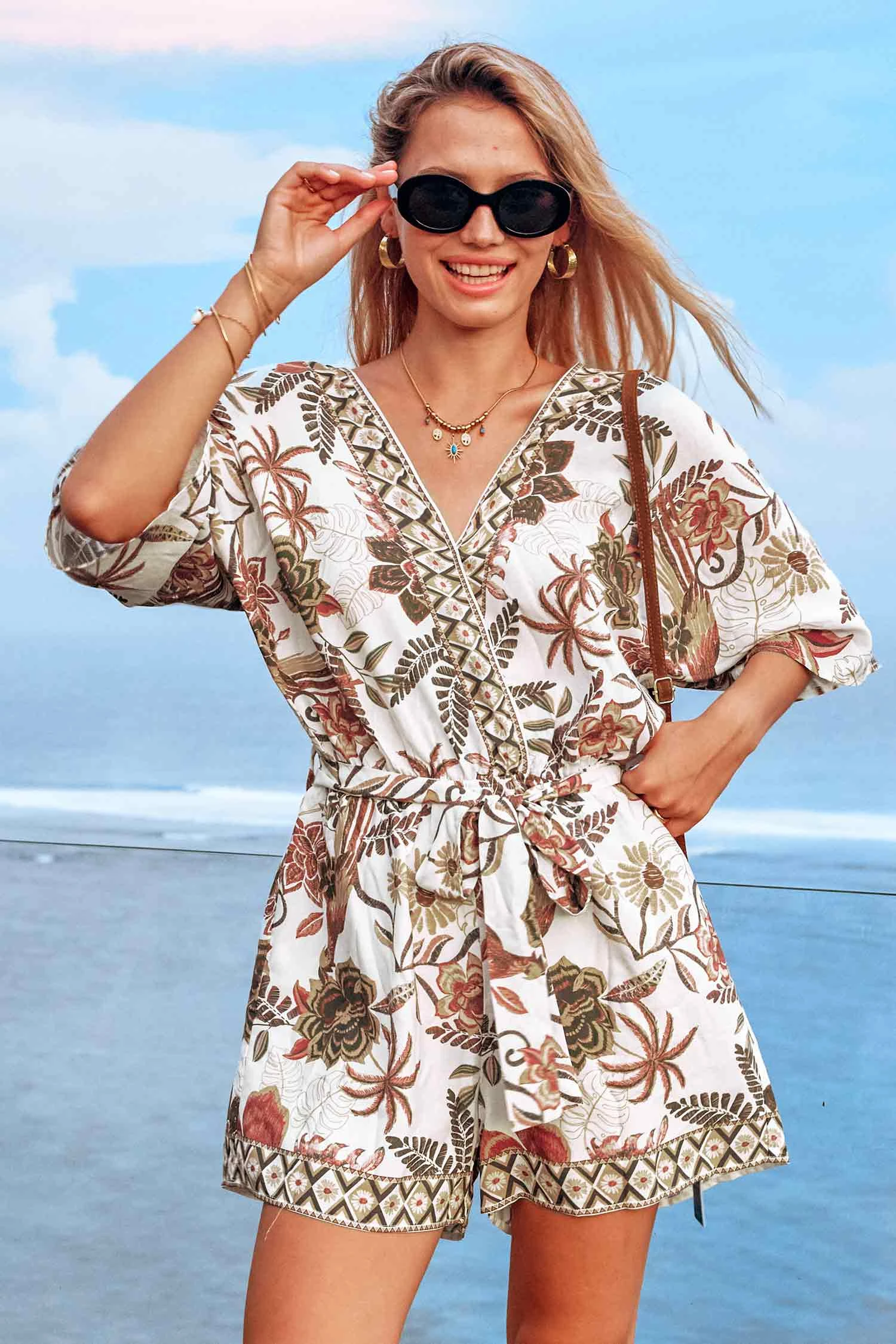 Geo Floral Short Sleeve Playsuit - Green