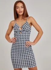 Geometric Print Strappy Mini Dress  - 6  - Black Pattern