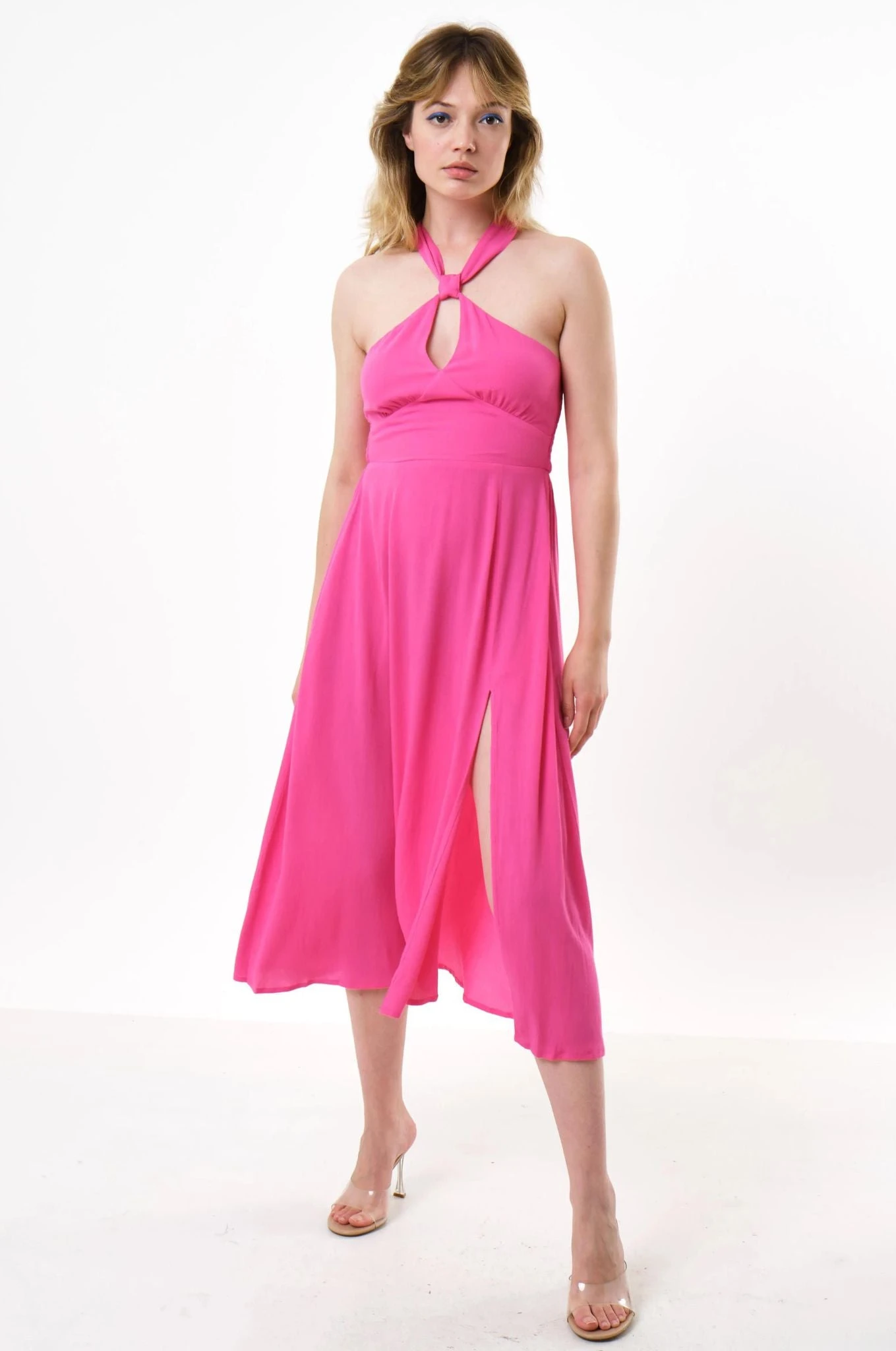Geri Moss Crepe Halter Neck Midi Dress - Hot Pink
