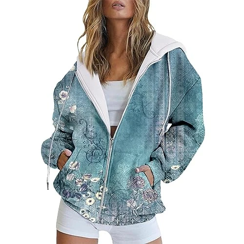 Gifts for Women Women's 2 Tone Hoodies, Long Sleeve Full Zip Hooded Sherpa Fleece Winter Warm Hoodie Sweatshirt Blanket Sweater Cardigan with Drawing Limited Time Deals