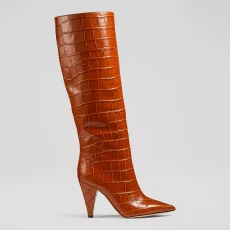 Ginger Allegra Croc Effect Leather Cone Heel Knee High Boots - Orange
