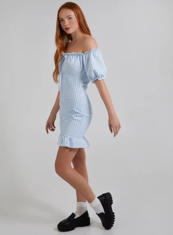 Gingham Gypsy Bardot Dress - 6 - Blue