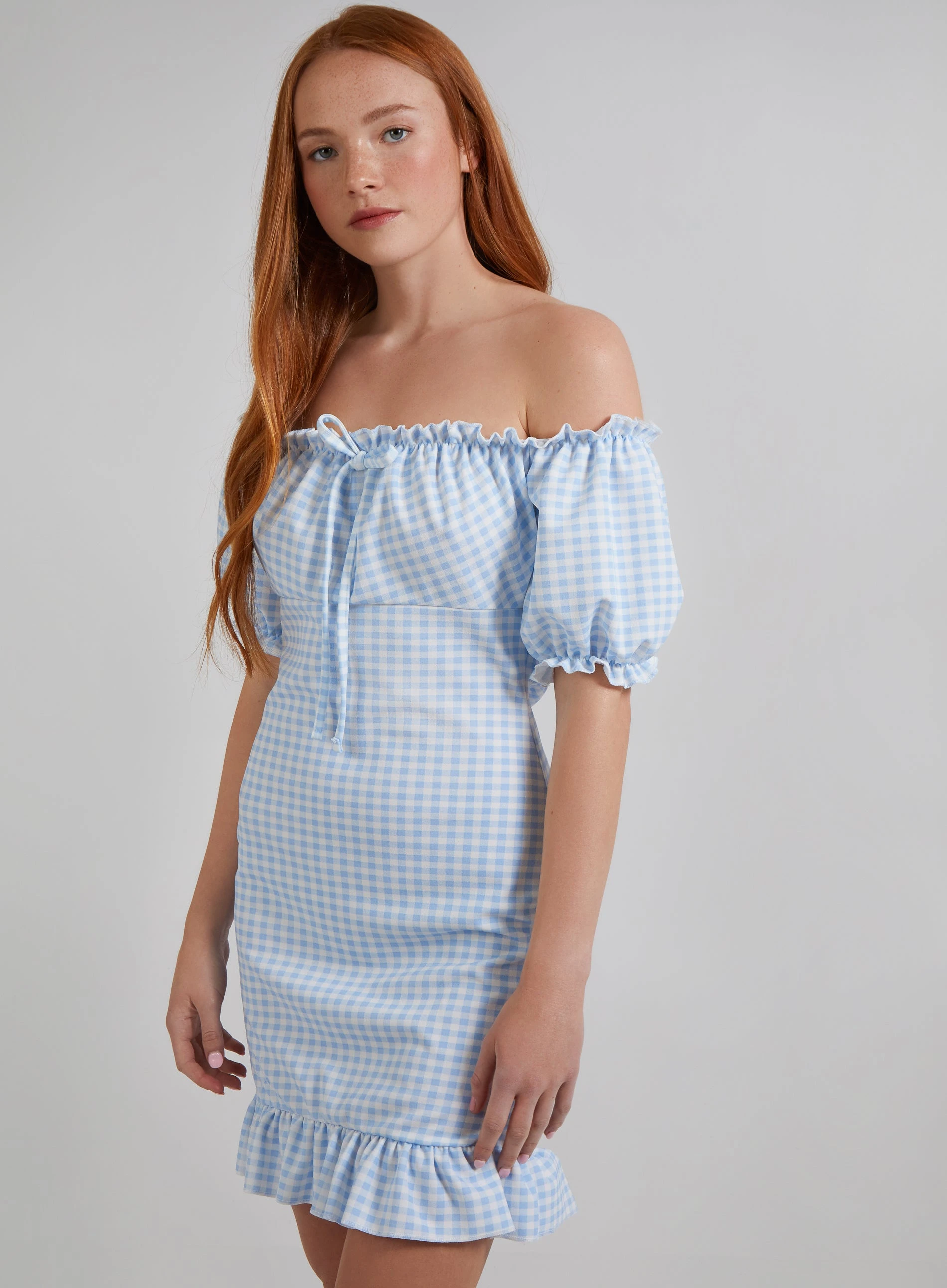 Gingham Gypsy Bardot Dress  - 6  - Blue