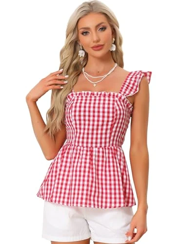 Gingham Peplum Top for Women's Summer Square Neck Sleeveless Plaid Blouse Red M