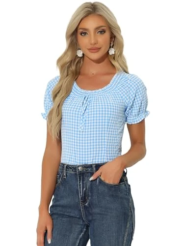 Gingham Plaid Blouse for Woman's Peasant Round Neck Ruffles Puff Sleeve Top Blue S