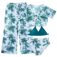 Girls 4 Piece Bikini Set Holiday Beach Swimwear Sun Protection Swimsuits Cute Tropical Print Bathing Suits Breathable Comfortable Dark Green Swimming Costume for 9 Years Old