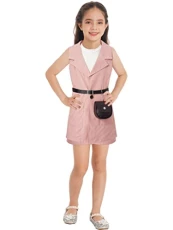 Girls 4 Piece Blazer Set Sleeveless Lapel Casual Blazer Jacket Coat Tank Top Vest and Shorts with Waist Bag Suit Pink 4-5 Years