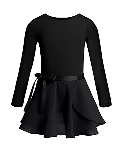 Girls Childrens Cotton Ballet Dance Gymnastics Leotard with Chiffon Wrap Tutu Skirt Dress Dancing Costume Long Sleeves Black 5-6 Years