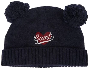 Girl's D2. POMPOM HEART BEANIE Hat, Black, S/M