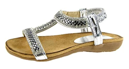 Girls Jewel Wedge Sandals Elastic Stretch Shoes Diamante T-Bar Silver 10 UK Child