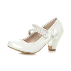 Girls Kids Childrens Low Heel Strap Bridesmaid Party Formal Evening Shoes, White Patent Bow, 13 UK Girls Kids Childrens Low Heel Strap Bridesmaid Party Formal Evening Shoes, White Patent Bow, 13 UK