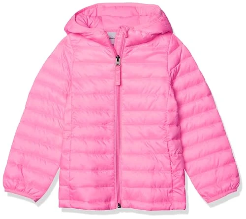 Girls' Lightweight Water-Resistant Packable Hooded Puffer Jacket, Neon Pink, 6-7 Years