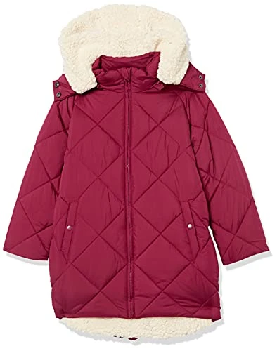 Girls' Long Quilted Cocoon Puffer Coat, Ecru Raspberry Red Shearling, 4 Years