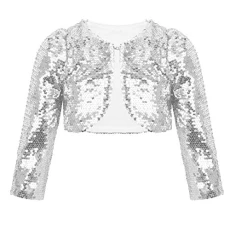 Girls Long Sleeve Sparkle Sequins Cardigan Children Kids Bolero Shrug Silver 5-6 Years