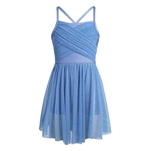 Girls Lyrical Ballet Dance Dress Spaghetti Cami High-Waist Ruffled Ballerina Skirt Ballroom Dancing Costume Light Blue 13-14 Years