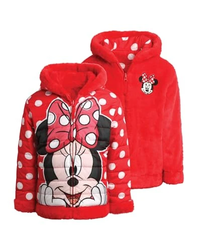 - Girls Minnie Mouse Reversible Puffer Jacket with Hood and Faux Fur Lining (2T-16), Minnie Red, 2 Years