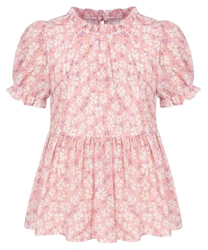 Girls Puff Sleeve Floral Printed Tops Summer Loose Casual Short Sleeve Blouse Pink 12Y