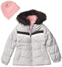 Girls' Quilted Puffer Jacket with Fleece, GREY Animal Print and Hat, 5/6 Girls' Quilted Puffer Jacket with Fleece, GREY Animal Print and Hat, 5/6