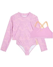 Girls' Rash Guard Set - 3 Piece UPF 50+ Long Sleeve Swim Shirt with Bikini Swimsuit - Swimwear Set for Girls (4-16), Pink Swirl, 6X