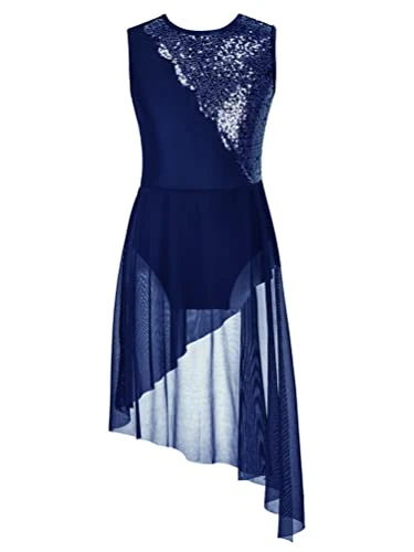 Girls Sequins Lyrical Ballet Dance Dress Sleeveless Leotard Wrap Skirt Modern Jazz Latin Performance Costume Navy Blue 13-14 Years