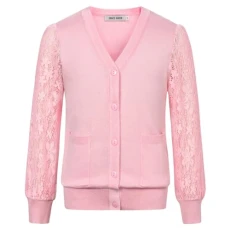 Girls' Short Thin Knit Top Summer Light V-Neck Cardigan with Tulle Sleeves Light Pink 8 Years