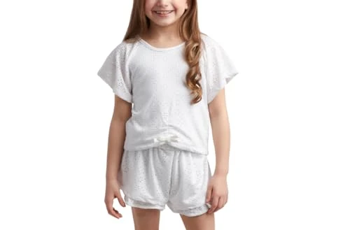 Girls Shorts Set - 2 Piece Knit Ruched Hem Eyelet T-Shirt with with Ruffle Shorts - Outfit Set for G