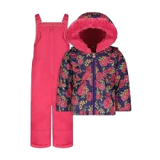 girls Snowsuit With Snowbib and Puffer Jacket, Fuchsia Floral, 5-6 girls Snowsuit With Snowbib and Puffer Jacket, Fuchsia Floral, 5-6