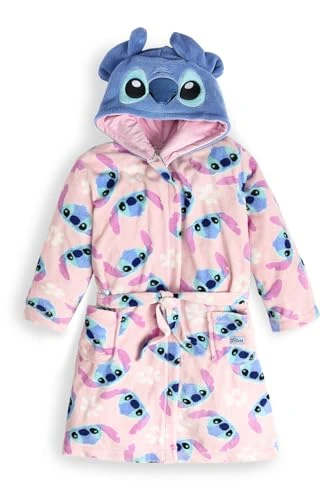 Girls' Stitch Fleece Robe – Soft and Cosy Hooded Dressing Gown with Cute Stitch Ears and Floral Print | Nightwear Ages 7-12 (V3_9817, UK, Age, 9 Years, 10 Years, Regular)