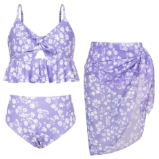 Girls Swimming Costume V Neck Ruffled Hem Tops+Briefs+Sarong Skirt Swimwear Purple and White Flowers 8 Years
