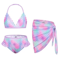 Girls Swimming Costumes 3Pcs Bikini Set Halterneck Swim Tops+Briefs+Sarong Purple Mermaid 12 Years Girls Swimming Costumes 3Pcs Bikini Set Halterneck Swim Tops+Briefs+Sarong Purple Mermaid 12 Years