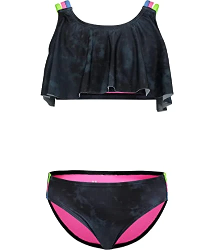 Girl's Tie-Dye Flutter Bikini (Little Kids) Black 5 Little Kids
