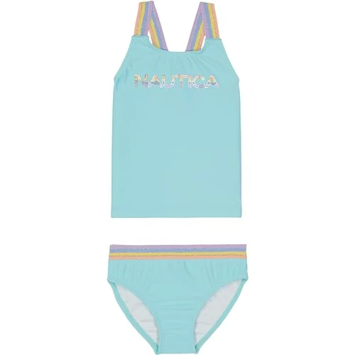 Girls' Two-piece Bikini Swimsuit Set, UPF 50+ Sun Protection, Quick-dry Bathing Suit Tankini, Tangerine Turquoise, 3 years