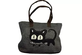 GK Korean Women Girls Cat Print Canvas Handbag Shoulder Bag Tote GZ01 (Dark Grey)
