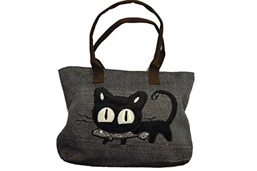GK Korean Women Girls Cat Print Canvas Handbag Shoulder Bag Tote GZ01 (Dark Grey)