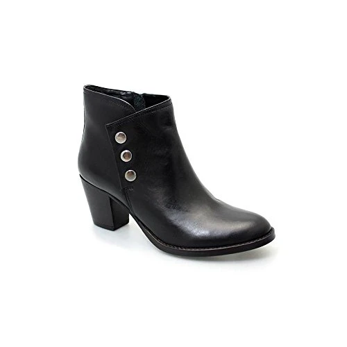 GLH464 Hallow Genuine Leather Popper Chunky Medium Heel Ankle Boot [Black, UK 4]