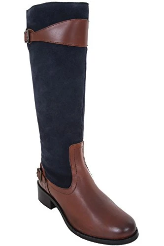 GLH471 Suede Contrast Real Genuine Leather Calf High Low Heel Boots [Tan/Blue, UK 5]