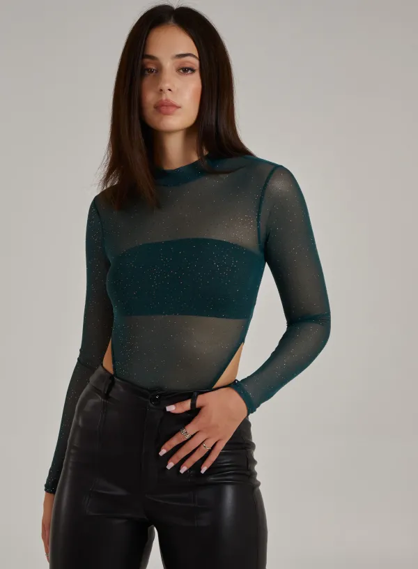 Glitter Long Sleeve Mesh Bodysuit - - Teal
