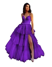 Glitter Tulle Evening Dresses 2023 Spaghetti Strap V-Neck Prom Dress Long Tiered A-Line Formal Ball 