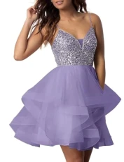 Glitter V-Neck Sequin Prom Dress Short Spaghetti Strap Tulle Homecoming Dresses Backless A-Line Grad