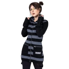 Goblin Cardigan Long Stripe Hooded Knitted Gothic Grunge, Black, S