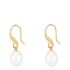 Gold 12mm Oval White Freshwater Pearl Drop Earrings