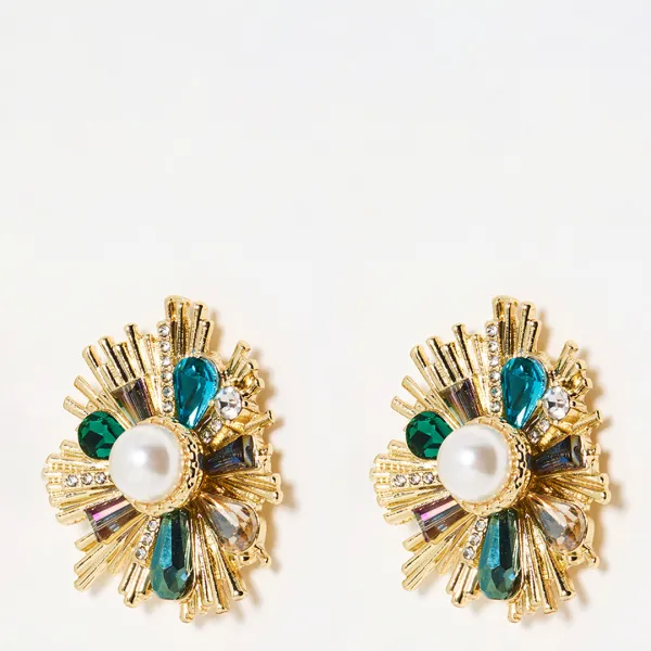 Gold Aurelie Starburst Baguette Stone & Faux Pearl Stud Earrings