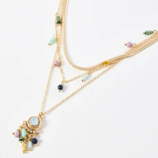 Gold Azure Bead Cluster Pendant Multi Row Necklace