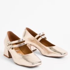 Gold Crackle Flared Heel Leather Mary Jane