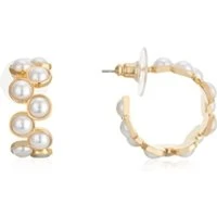 Gold Curved Pearl Hoop Earrings - Gold