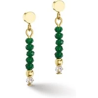 Gold Dark Green Beaded Earrings - Silver