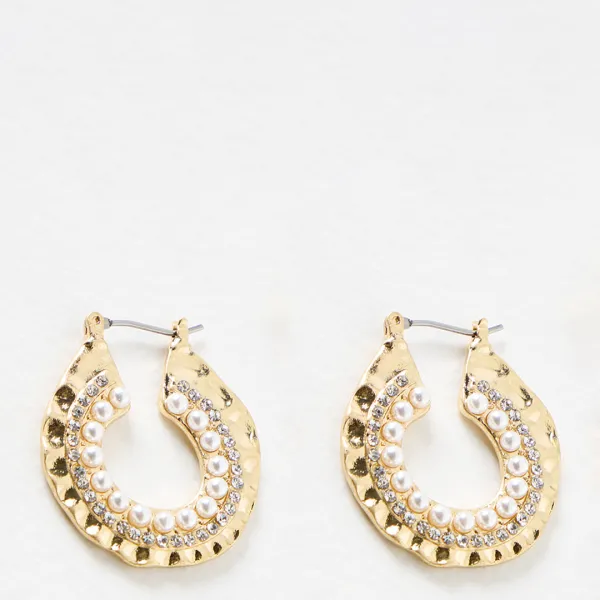 Gold Elodie Faux Pearl & Stone Textured Metal Hoops
