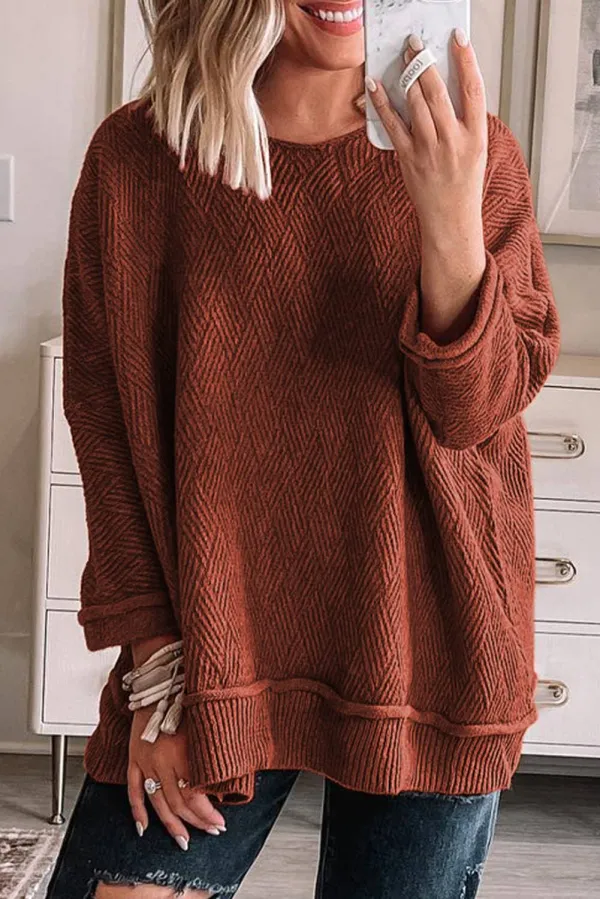 Gold Flame Solid Colour Textured Crew Neck Loose Sweater - GOLD FLAME / / 55%ACRYLIC+%COTTON