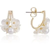 Gold Floral Pearl Cluster Hoop Earrings - Gold