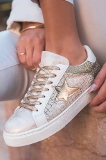 Gold Glitter Star Patchwork PU Leather Lace-up Trainers - Gold /